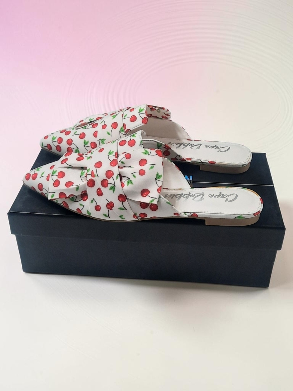 Cape Robbin White Cherry-Print Pointed Mules with Bow